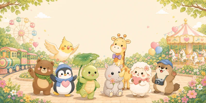 明洞初戀的動物角色們在溫暖的遊樂園相聚